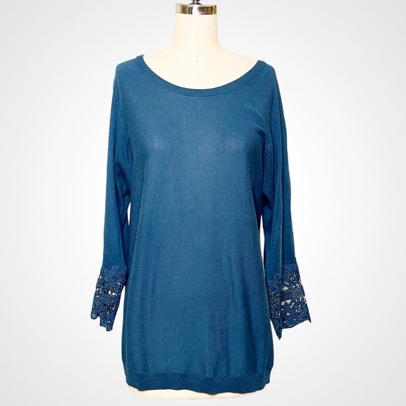 Talbots Blue Dolman Sleeve Lace Crochet Sweater Medium - Picture 1 of 9